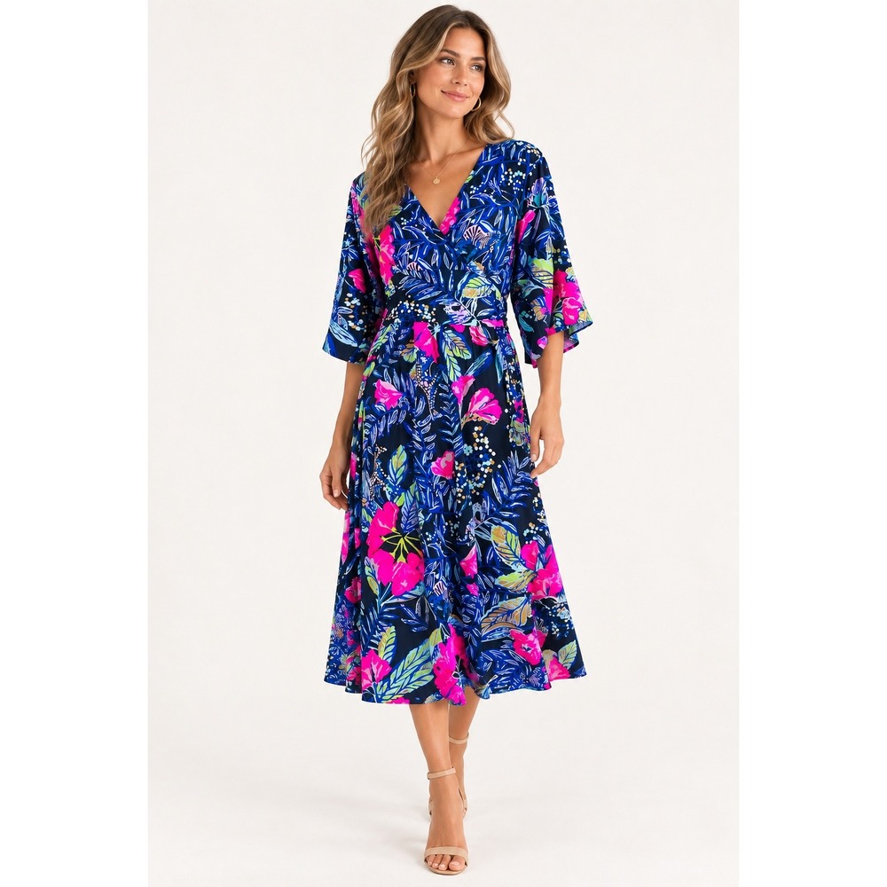 Lilly Pulitzer XL Floral V-Neck Maxi Dress Blue Pink Tropical Slit Jersey Knit
